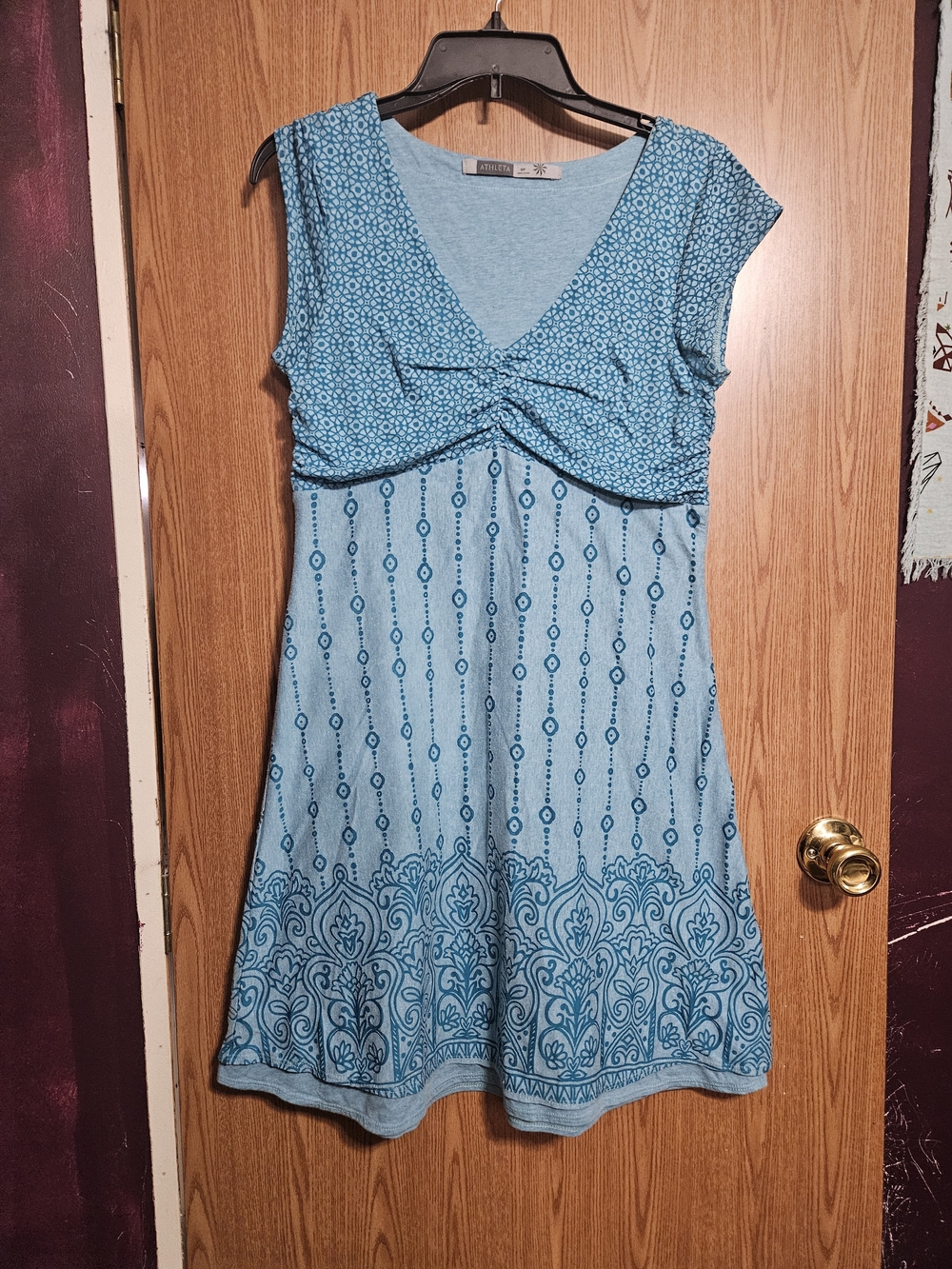Athleta Womens Dhara Dress Blue Ruched Top Lined Petite Medium!